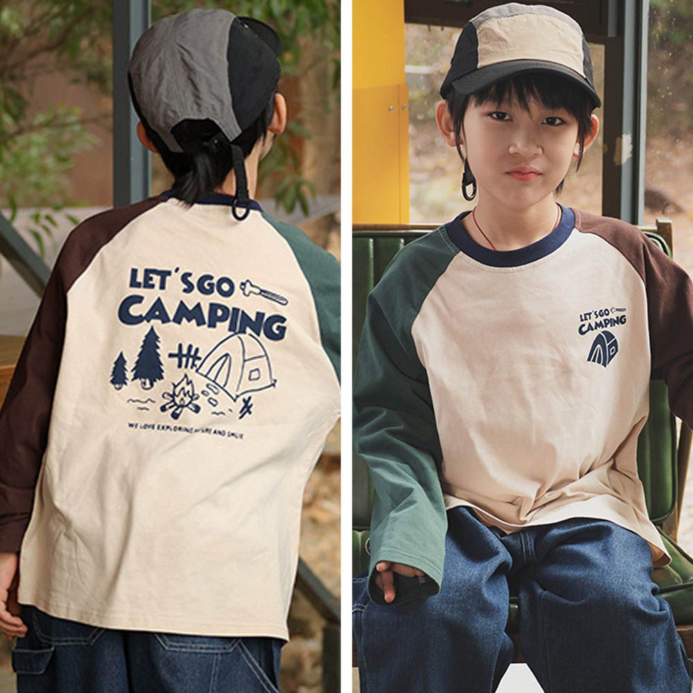 純棉圓領長袖上衣-一起去露營-拼袖杏