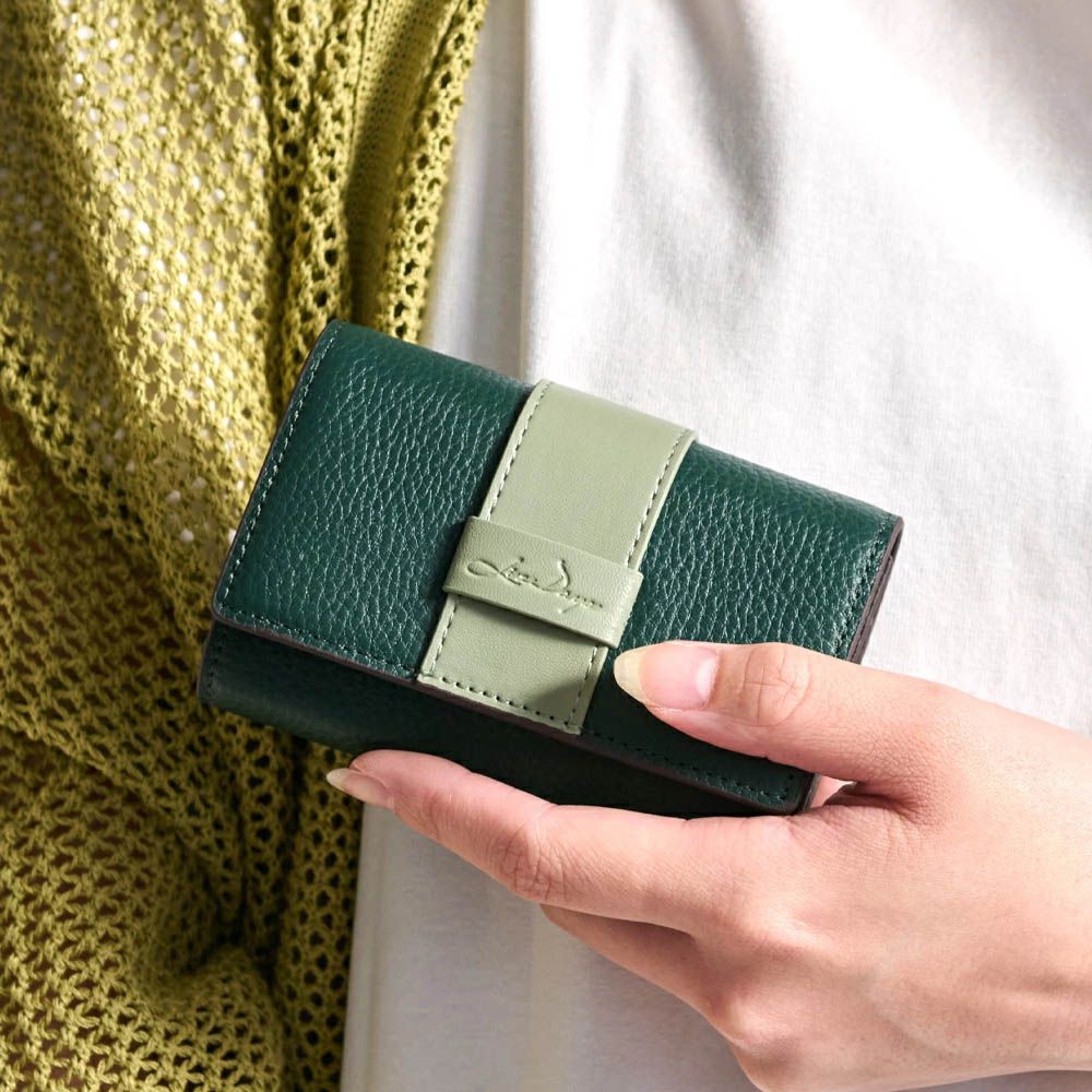 真皮迷你三折配色風琴短夾-濃綠x淺綠