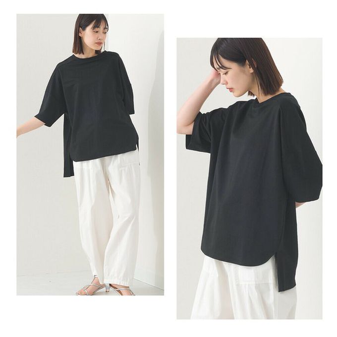 日本 OMNES - 接觸冷感 嫘縈寬版圓領五分袖上衣-海軍藍