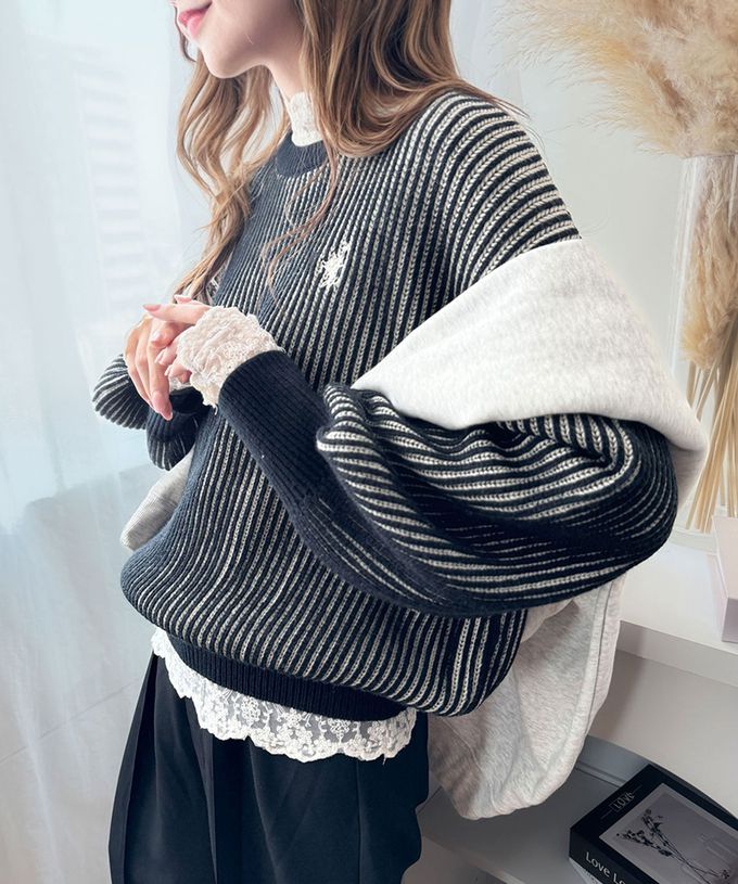 日本 Classical Elf - 刺繡logo 線條感針織長袖上衣-橘紅x米