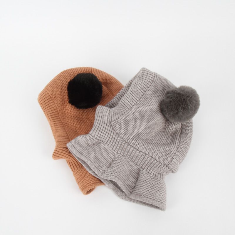 韓國 Babyblee - 大球球遮脖保暖帽-棕 (FREE)