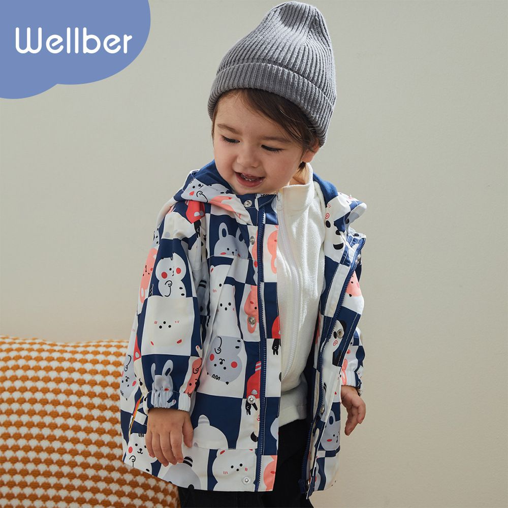 兒童兩件式防風外套+搖粒絨背心-動物們-藍色