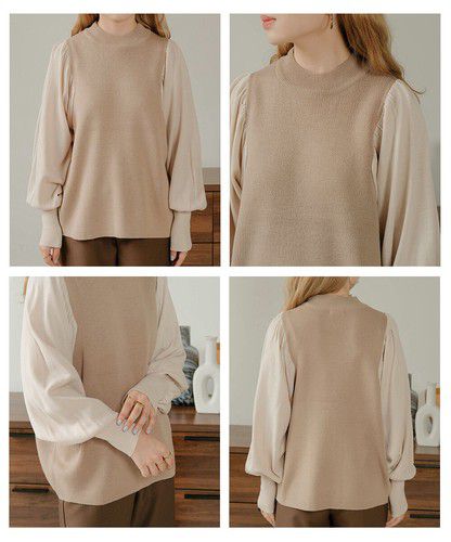 日本 Bou Jeloud - 細針織拼接泡泡袖上衣-淺卡其