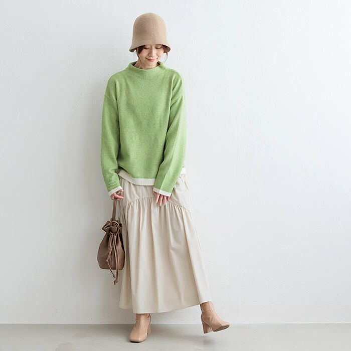 日本 ihuu - 下擺撞色立領針織毛衣-芥黃x杏