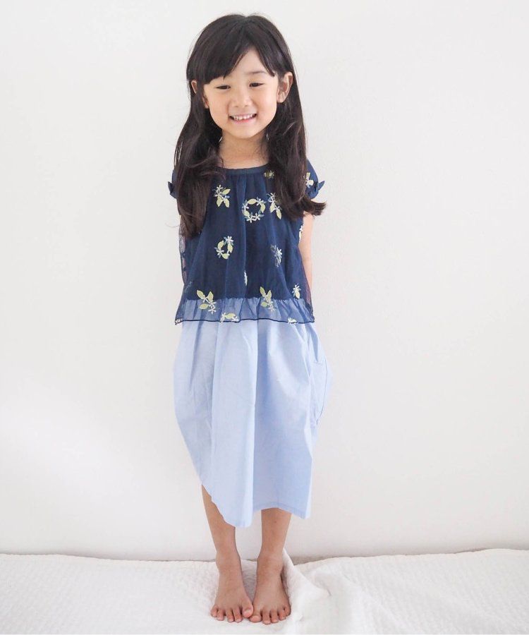 日本 apres les cours - 可愛檸檬刺繡分層短袖洋裝-海軍藍