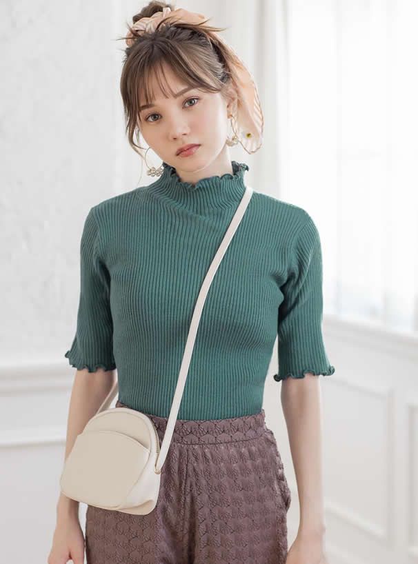 日本 GRL - 木耳邊小高領羅紋五分袖上衣-黑