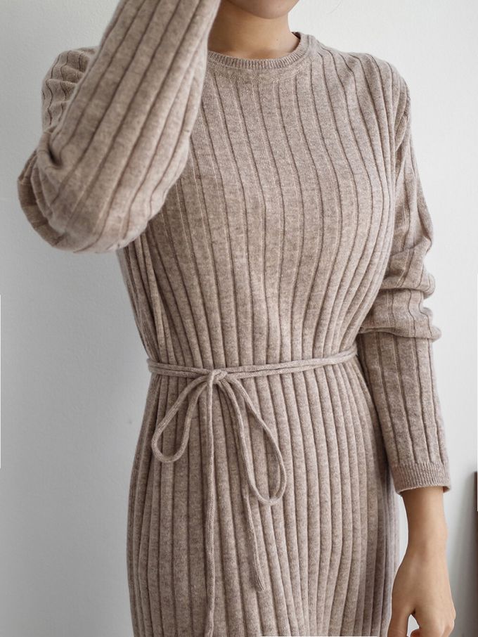 韓國女裝連線 - 喀什米爾羊毛針織連身洋裝-摩卡 (FREE)
