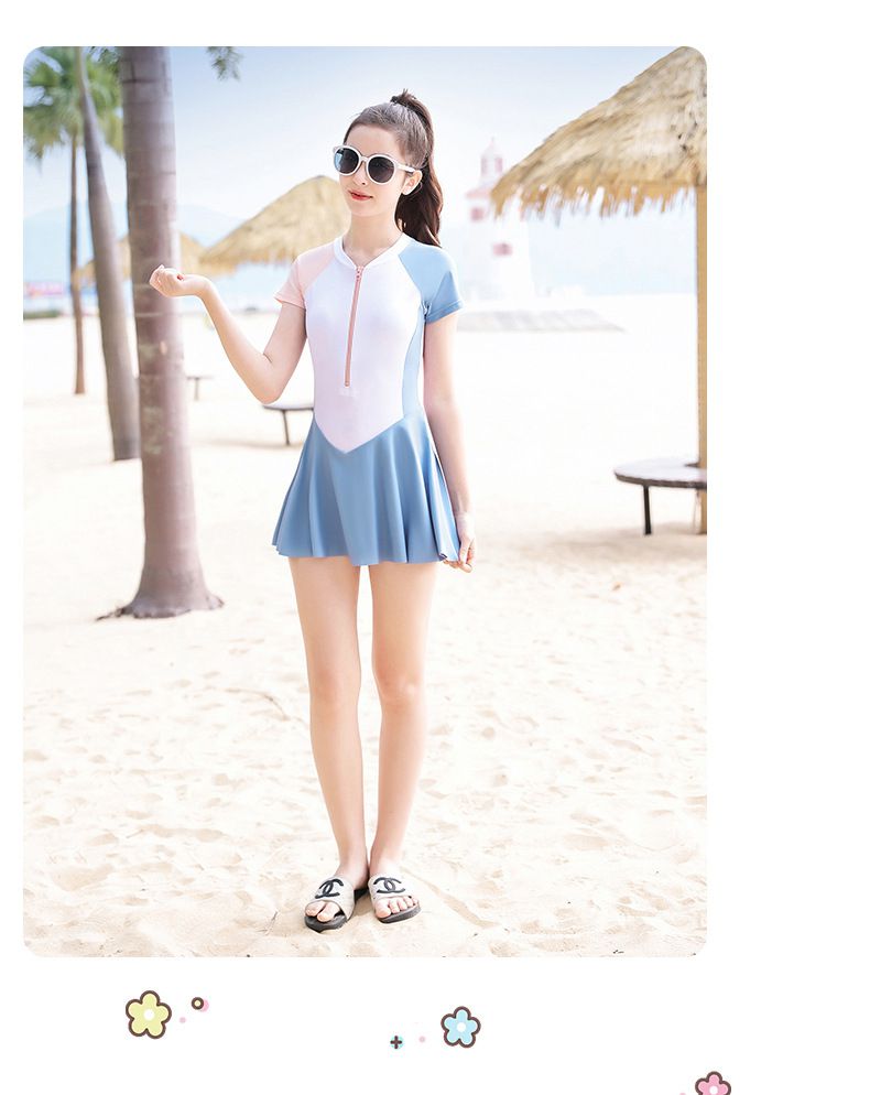 大童女孩運動風短袖連身裙泳衣-拼色款-粉+白+藍