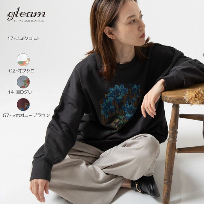 日本 gleam - 裏毛寬版學院風花卉大學T-灰