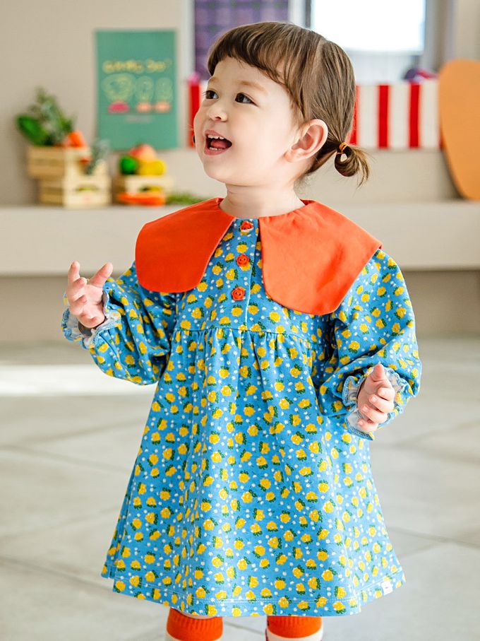 韓國 Pimpollo - 滿版花紋撞色翻領連身洋裝-藍