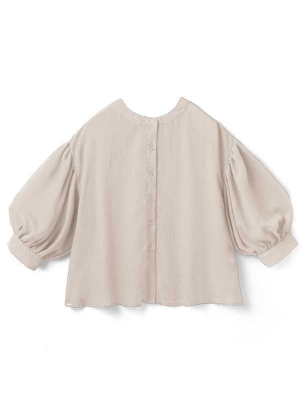 日本 GRL - 光澤感透膚澎袖輕薄七分袖襯衫-黑