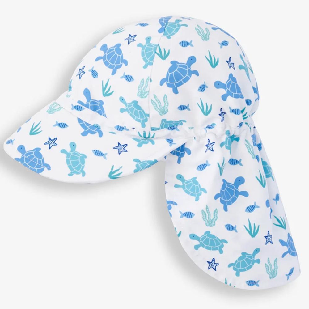 英國 JoJo Maman BeBe - 嬰幼兒/兒童UPF50+防曬護頸遮陽帽-海龜世界