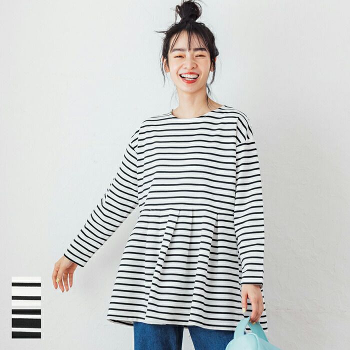 日本 COCA - 橫條紋縮腰傘狀長袖上衣-黑底白條