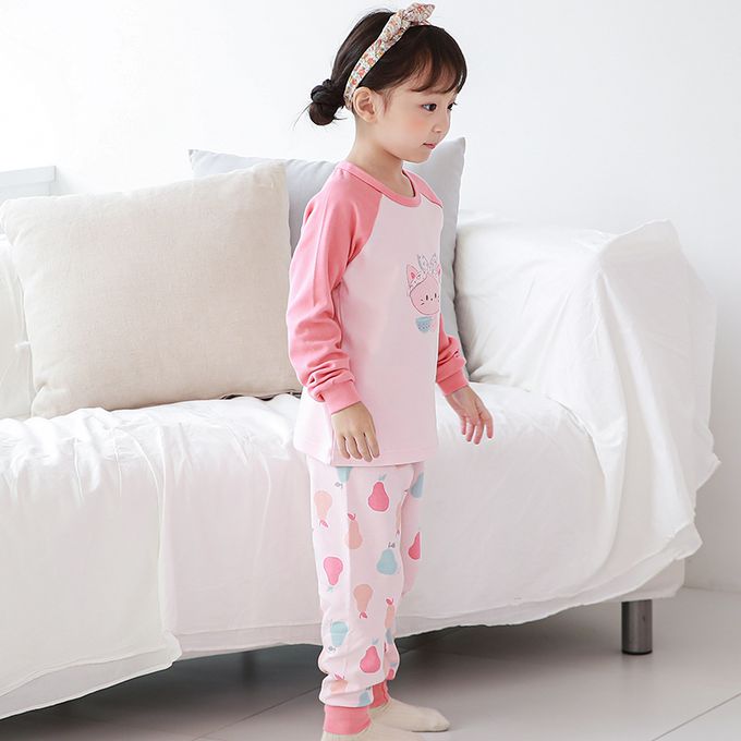 正韓 Cogibu - 極舒適無螢光劑 100% 有機棉(雙面)幼兒/兒童長袖睡衣/家居服套裝組-梨子貓