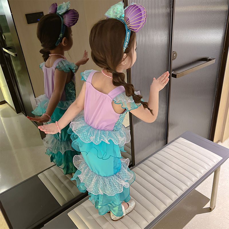 無袖造型萌萌連身公主裙-卡通人物-美人魚-藍綠+紫