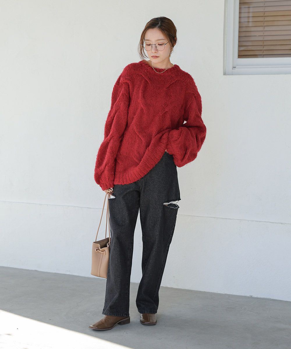 日本 Bab - 季節感立體麻花大寬袖針織上衣-深灰