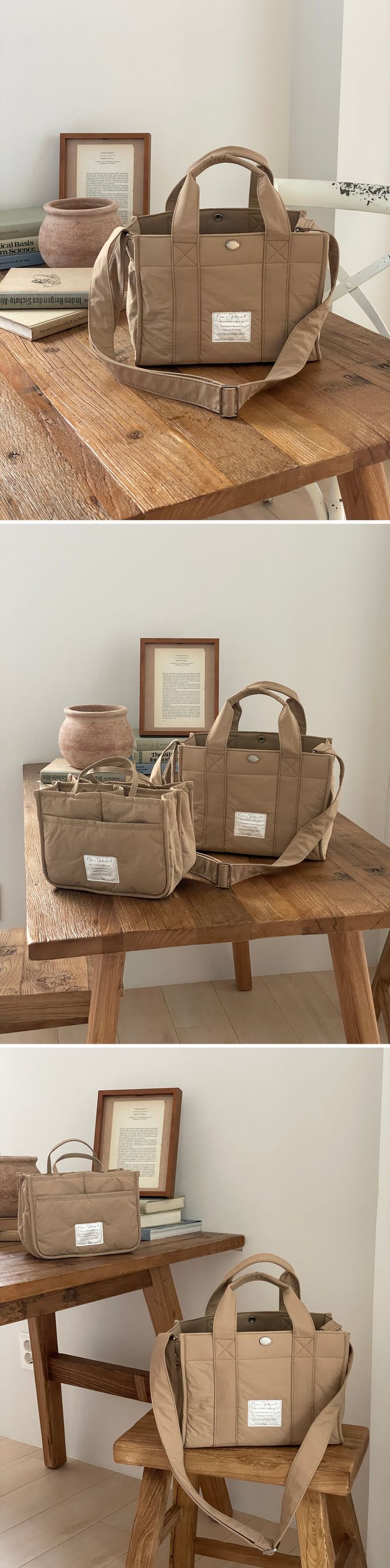 韓國 THEALLY - 尼龍手提/肩背兩用方形收納包-深卡其 (中)