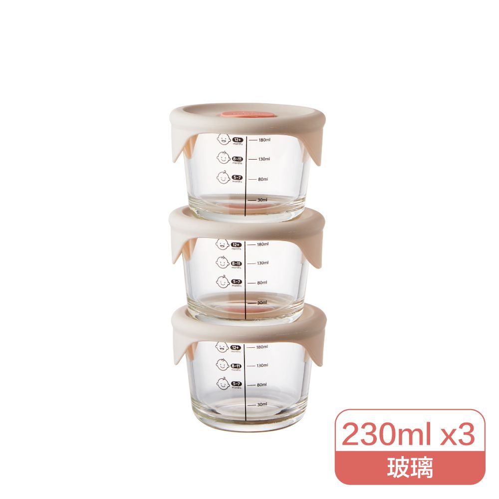 樂扣樂扣 - 寶寶副食品耐熱玻璃調理盒+贈樂扣質感環保帆布袋-圓形-粉灰 (230ml)-三入組