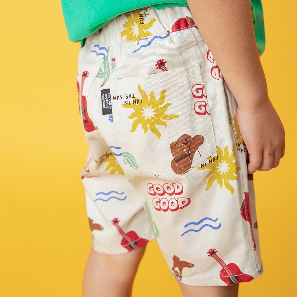 經典必收印花廚師短褲-陽光與海灘-奶油白
