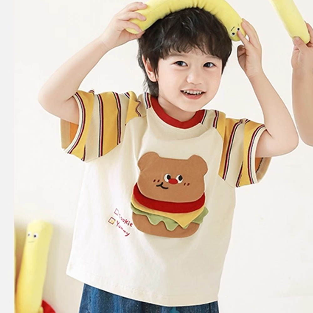 棉質圓領休閒短袖上衣-立體漢堡-米x黃條紋