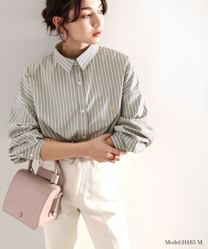 日本 Classical Elf - 胸前刺繡直條紋長袖襯衫-水藍