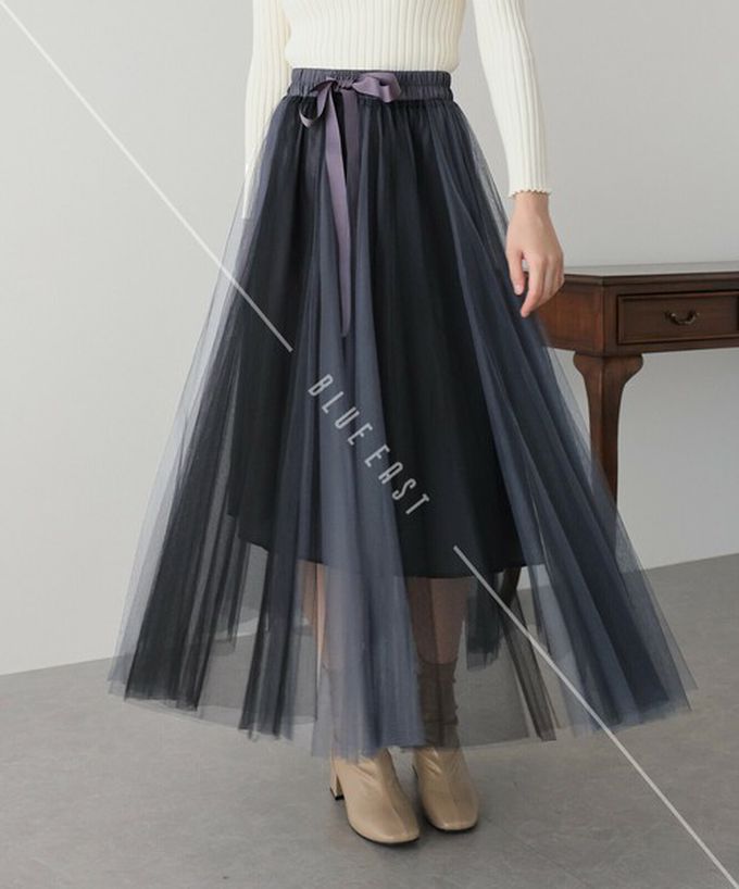 日本 BLUE EAST - 浪漫豐盈蝴蝶結綁帶薄紗裙-素色-摩卡