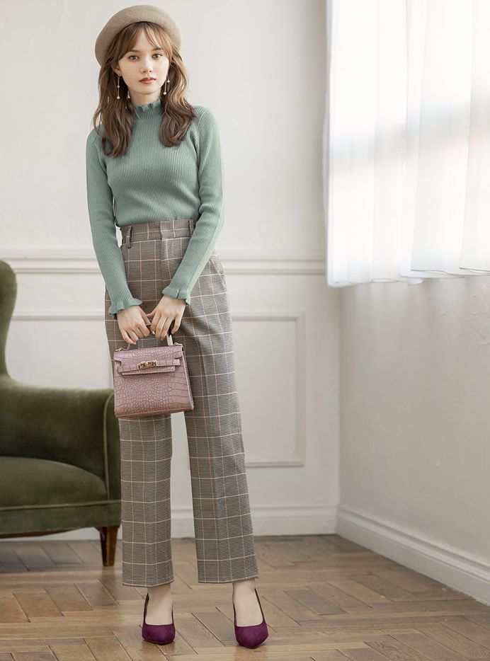 日本 GRL - 合身修飾花邊袖領口針織上衣-薄荷綠