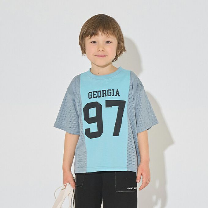 日本 b-ROOM - 透氣網眼數字印花T恤-水藍x灰藍