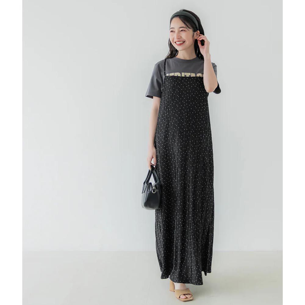 日本 COCA - [可剪裁] 彈性波浪吊帶連身裙-黑底白點