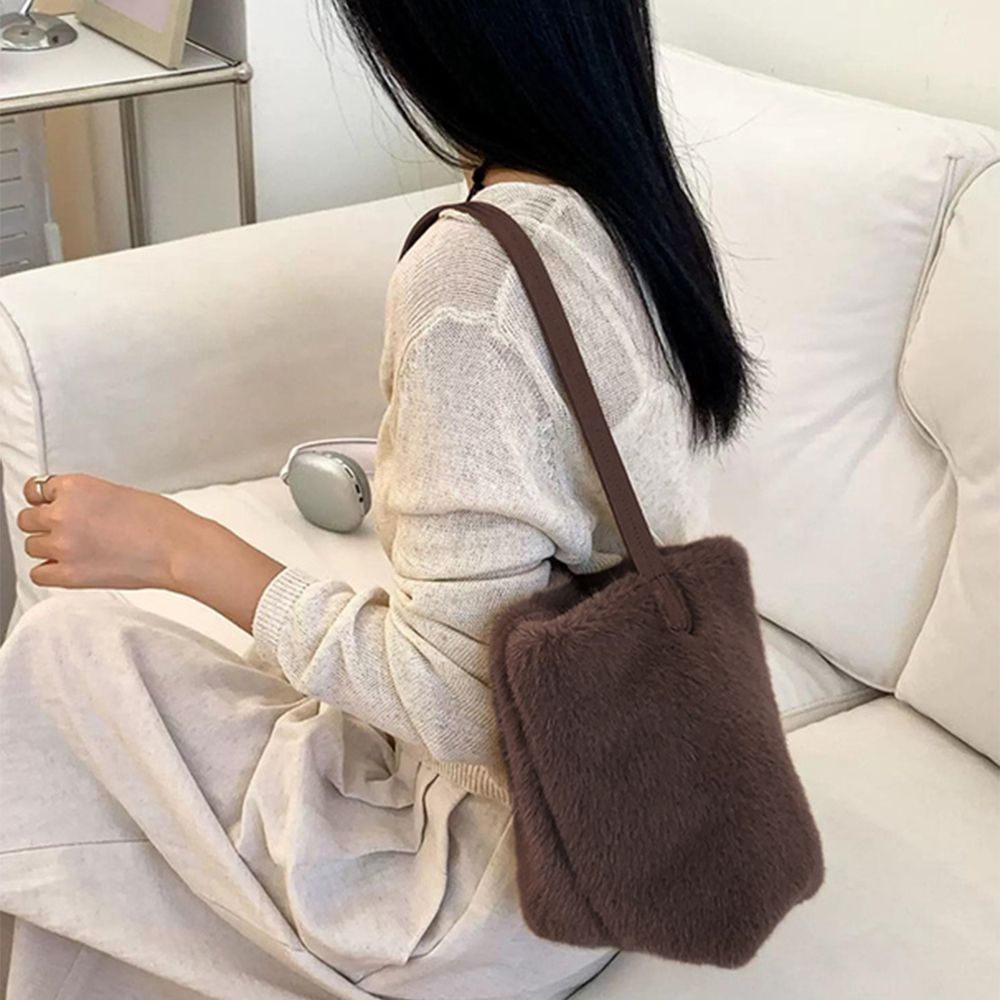 毛絨簡約優雅輕便手提包-咖啡 (F)