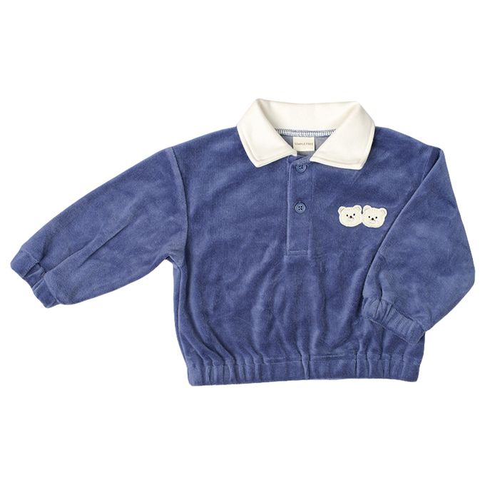 akachan honpo - 長袖亨利領休閒上衣-天鵝絨-深藍色