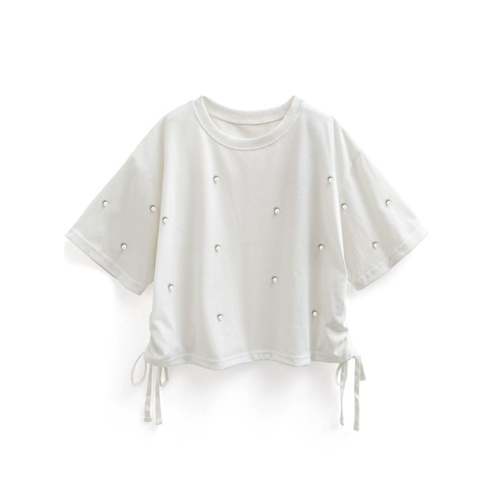 日本 GRL - 珍珠點綴優雅綁帶短袖上衣-白 (F)