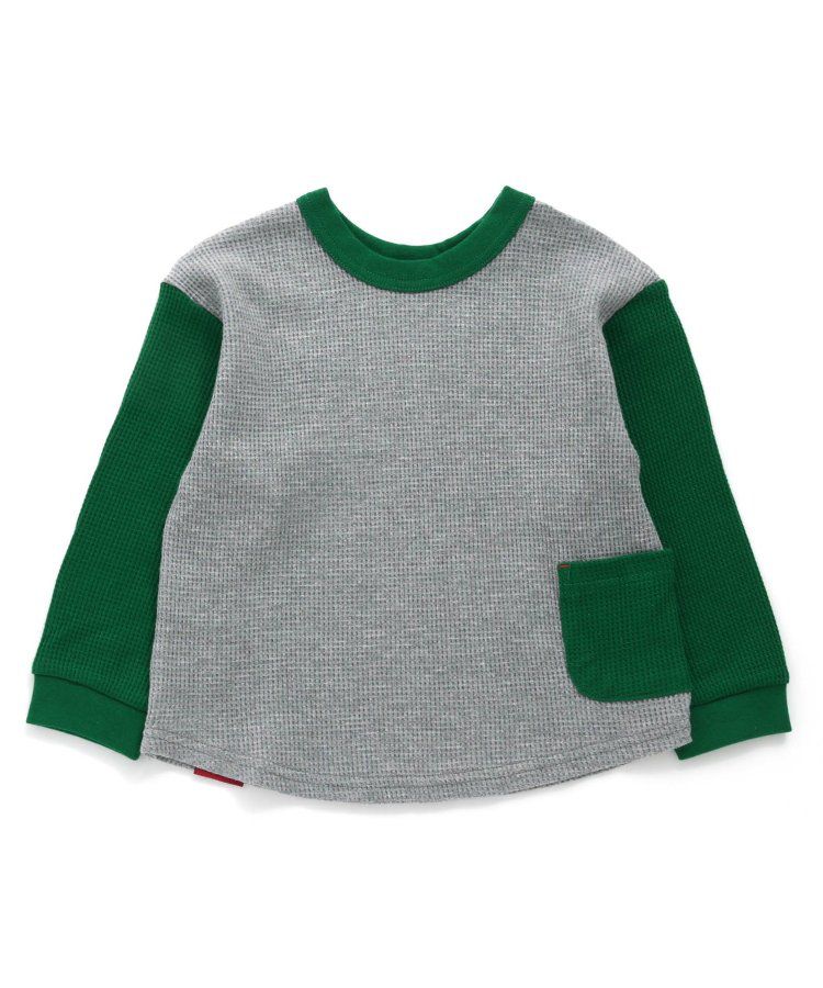 日本 BREEZE - 正反OK！柔軟華夫格長袖上衣-撞色-黃綠灰