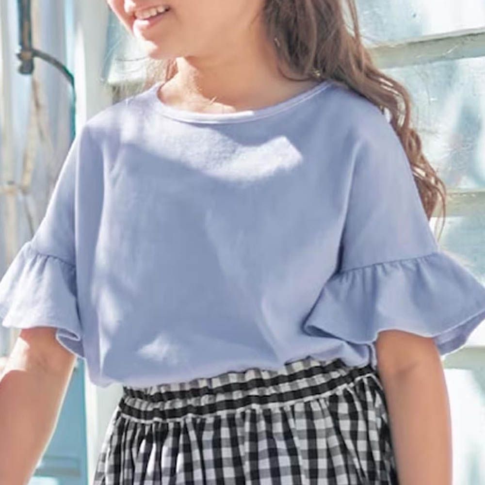 飄逸荷葉邊圓領短袖上衣-藍紫