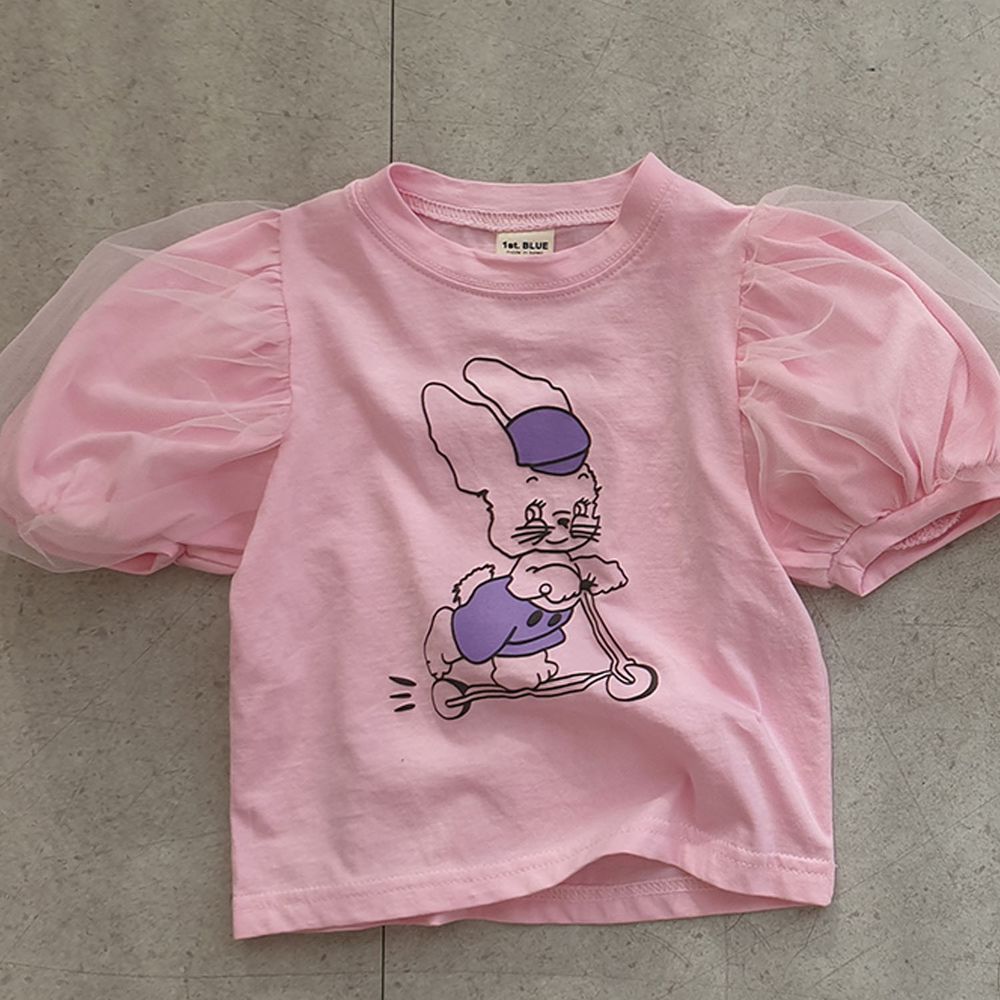 韓國 First Blue - 網紗裝飾袖滑板兔子T-粉紅