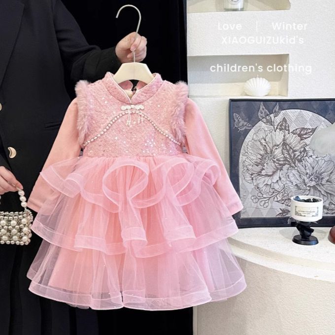 新年拜年淑女新式旗袍領鋪棉波浪網紗洋裝