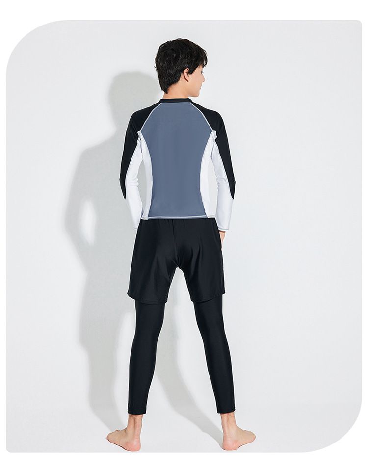 大童男孩長袖泳衣套裝(三件組)-拼色款-黑+白+紫-泳衣、長泳褲、短泳褲