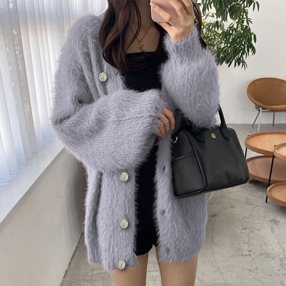 貴氣毛海感寶石鈕扣長版開襟衫-灰藍 (F)