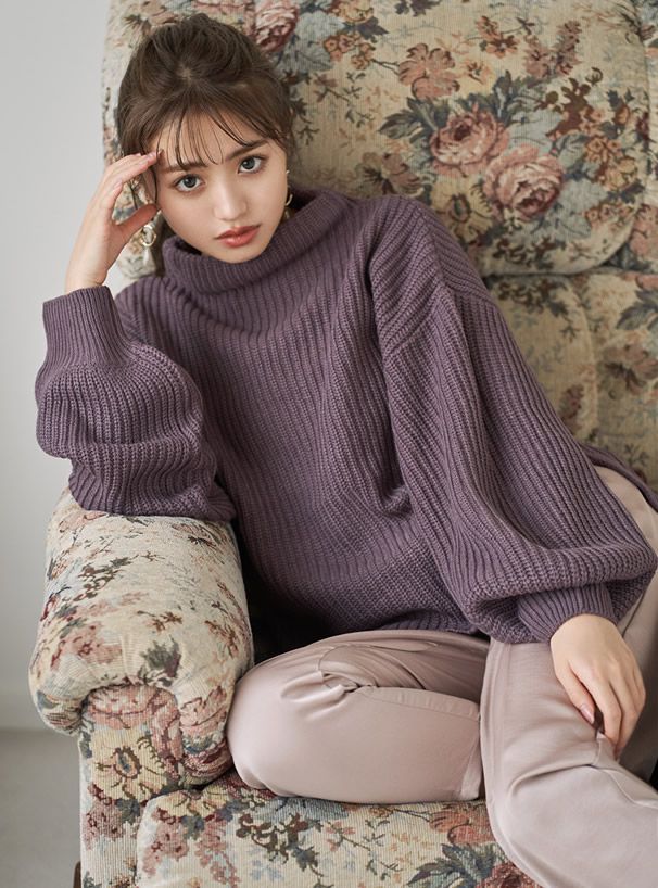 日本 GRL - 寬口立領寬鬆前短後長針織毛衣-深灰