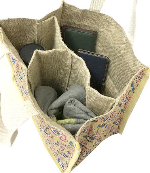 日本代購 - 100%印度棉手染印花托特包-奶油黃 (28x24x18cm)