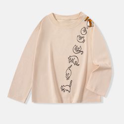 BE TOP - 純棉圓領薄長袖上衣-調皮貓咪-米杏