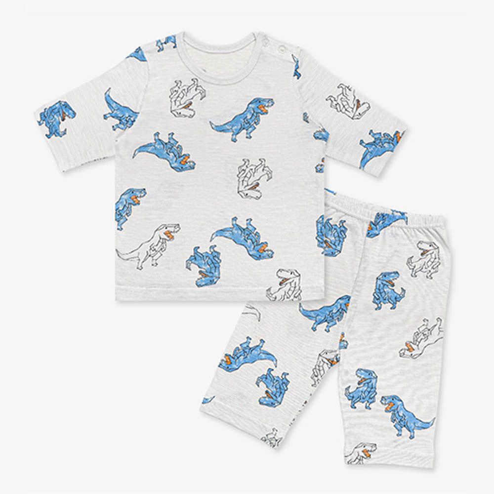 韓製莫代爾透氣7分袖家居服-機器恐龍-淺灰