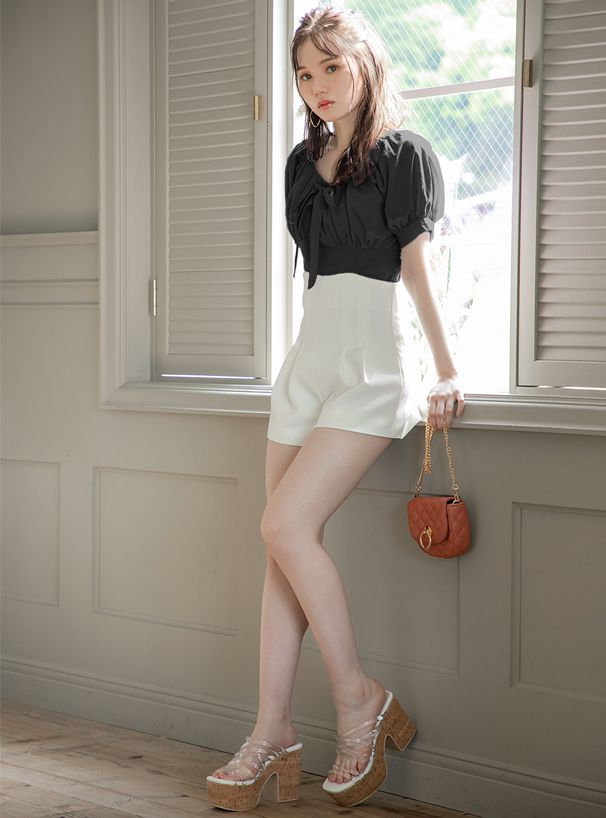 日本 GRL - 氣質抓皺U領蝴蝶結綁帶短版短袖上衣-青春綠