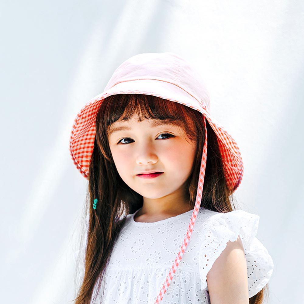 韓國 Chenny Bong Bong - 兒童雙面用小格綁帶漁夫帽-粉橘
