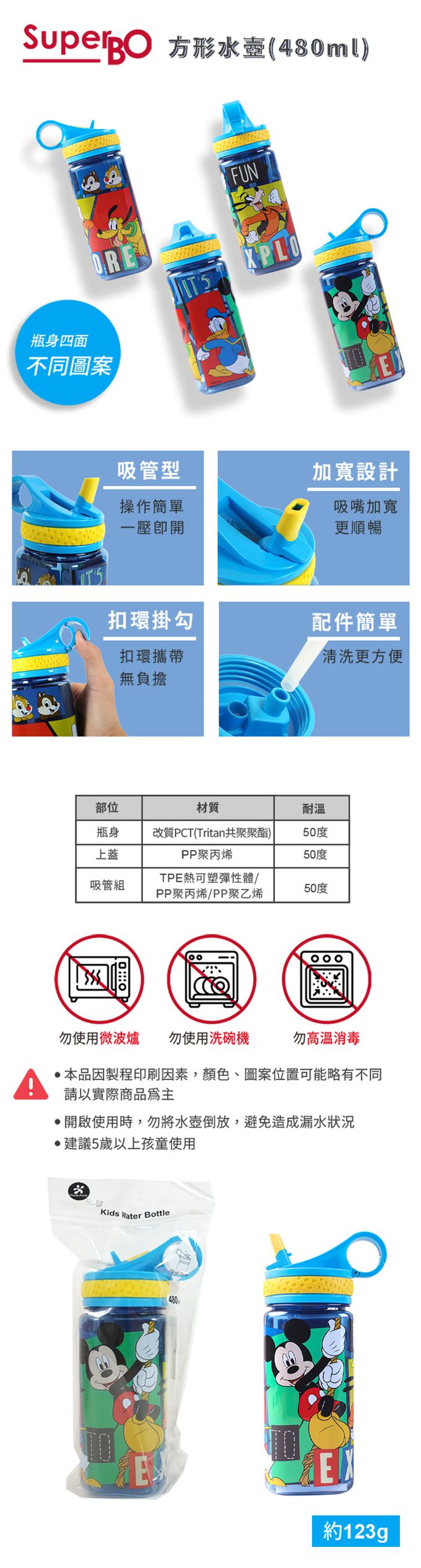 SuperBO - 兒童吸管方形水壺-米奇-480ml