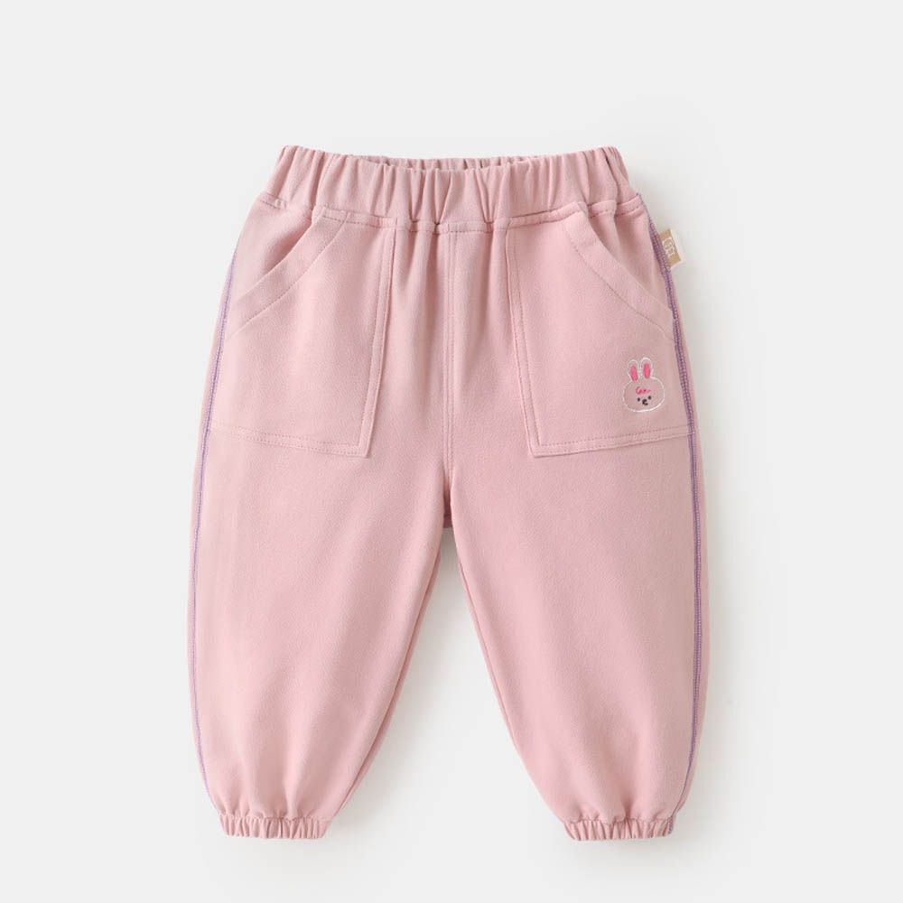 腰鬆緊運動休閒長褲-兔子刺繡-粉色