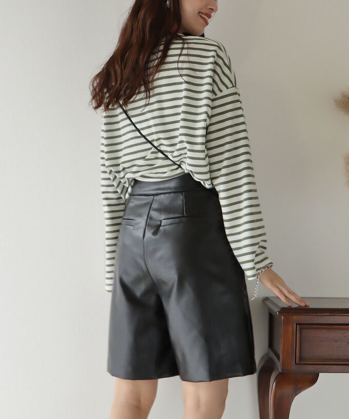 日本 BLUE EAST - 百搭落肩休閒長袖上衣-條紋-軍綠