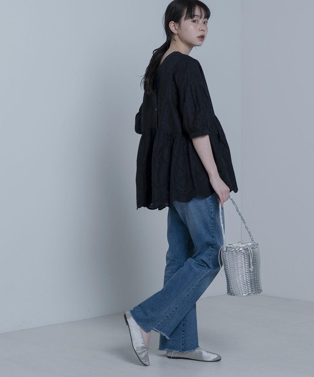 日本 Bou Jeloud - 印度棉前後兩穿刺繡雕花五分袖澎澎上衣-橘