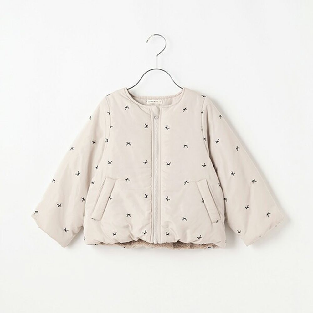 甜心刺繡無領鋪棉保暖外套-蝴蝶結-淺灰棕