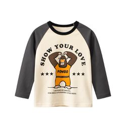 27KIDS - 純棉長袖上衣-愛你的形狀-米杏+碳灰